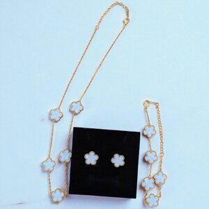 Set of 3 White/Gold Four-Leaf Clover Necklace, Earring Bracelet 18k Gold-Plated